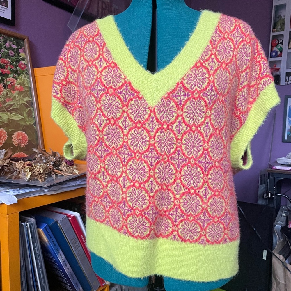Free People Pink and Lime V-Neck Sweater Vest